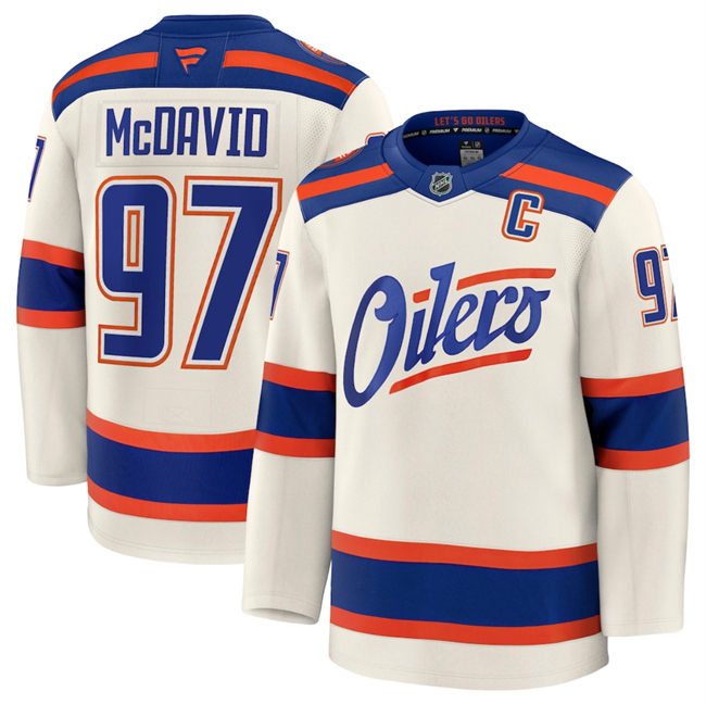 Men's Light Beige Edmonton Oilers #97 Connor McDavid Alternate With C Patch Stitched Hockey Jersey